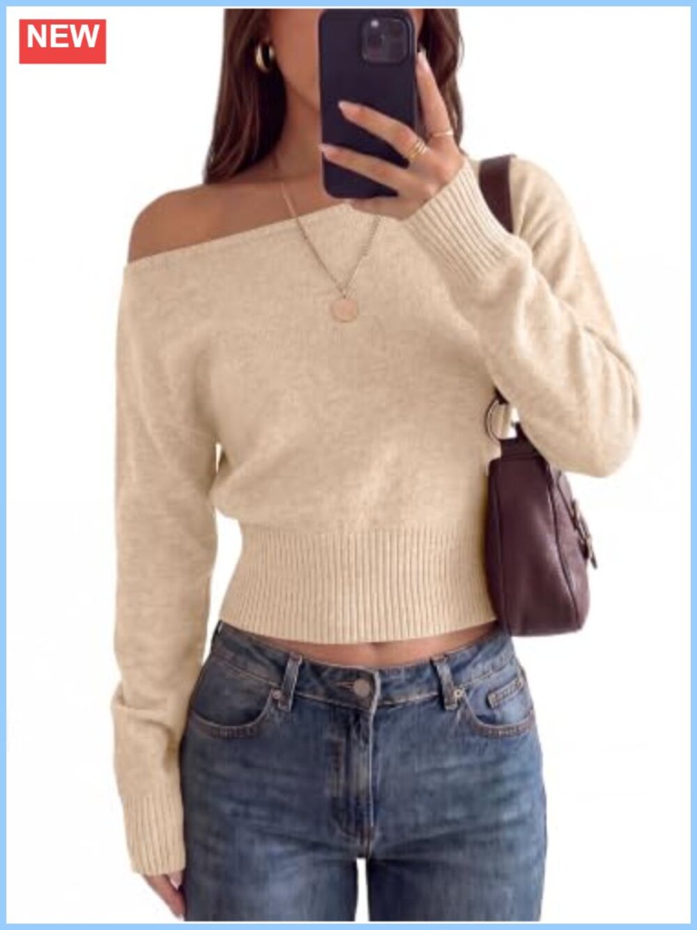 Off Shoulder Cropped Sweater Ribbed Knit Pullover Long Sleeve